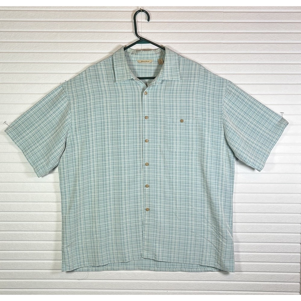Paradise Collection Men's XXL Plaid Shirt Blue Green Rayon Short Sleeve EUC
